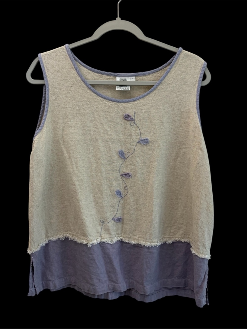 Usindo Embroidered Floral Vine 40% Linen Blend Sleeveless Top XL Cottagecore